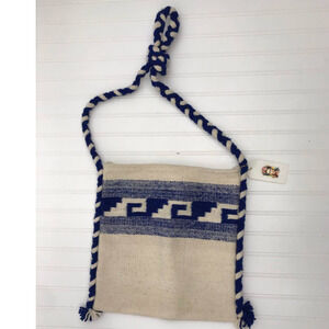 Handwoven Wool Beige Blue Crossbody Tote Bag